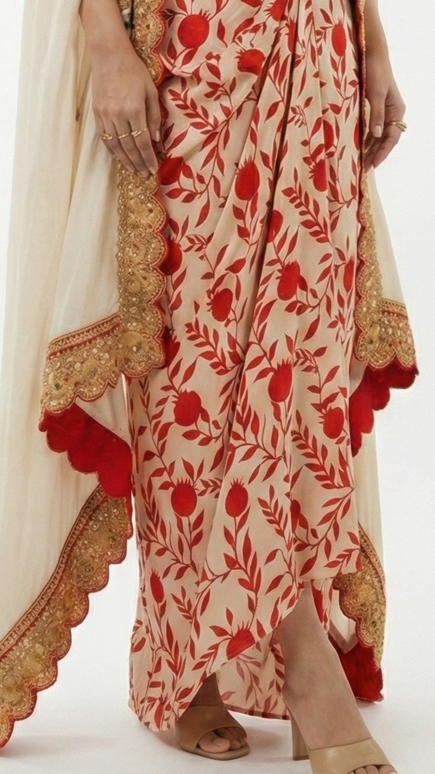 Beige & Red Digital Printed Crepe Top & Skirt with Cape Embellished with Moti, Sequins & Sippi